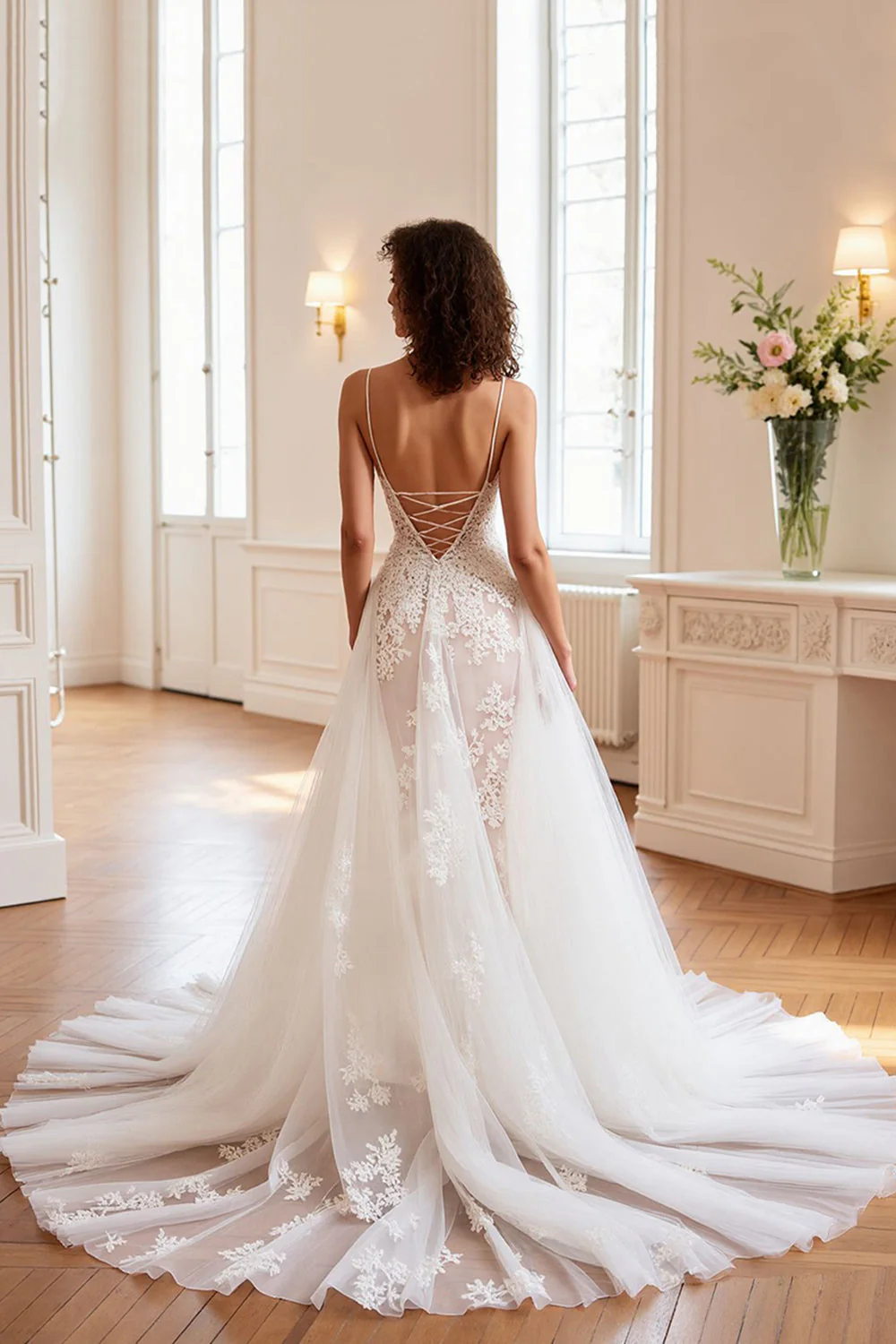 A Line V Neck Ivory Corset Lace Wedding Dress - Image 2
