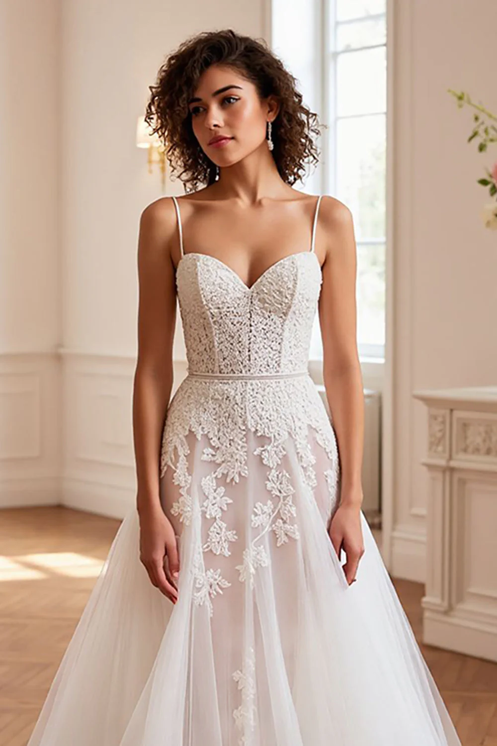 A Line V Neck Ivory Corset Lace Wedding Dress - Image 3