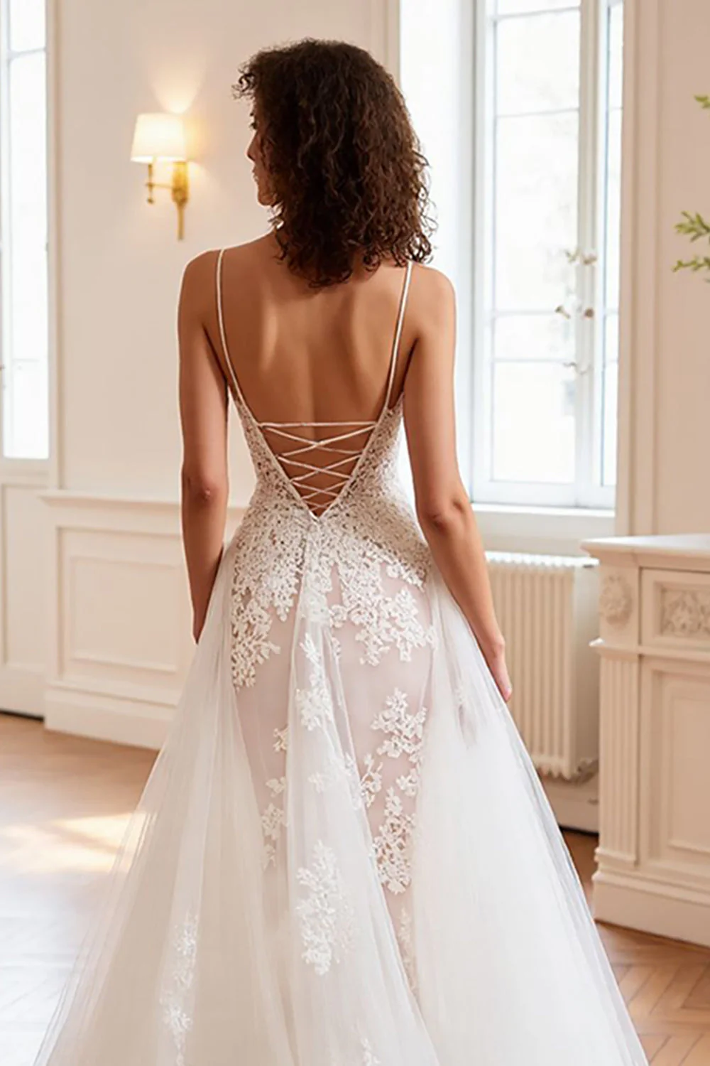 A Line V Neck Ivory Corset Lace Wedding Dress - Image 4