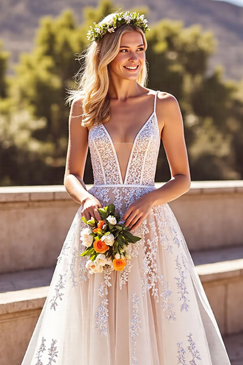 A Line V Neck Ivory Corset Long Wedding Dress - Image 3