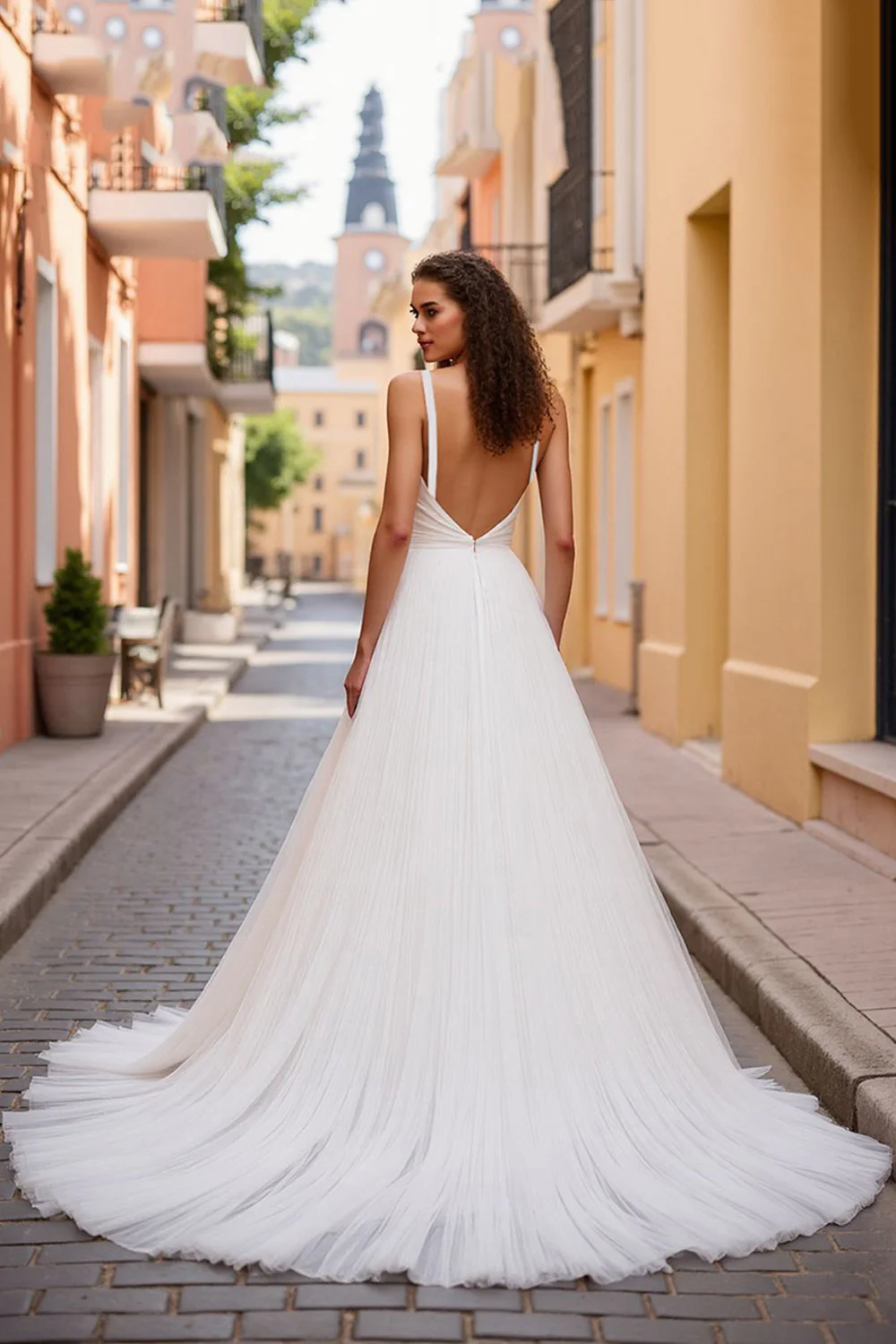 A Line V Neck Ivory Pleated Wedding Dress - Image 2