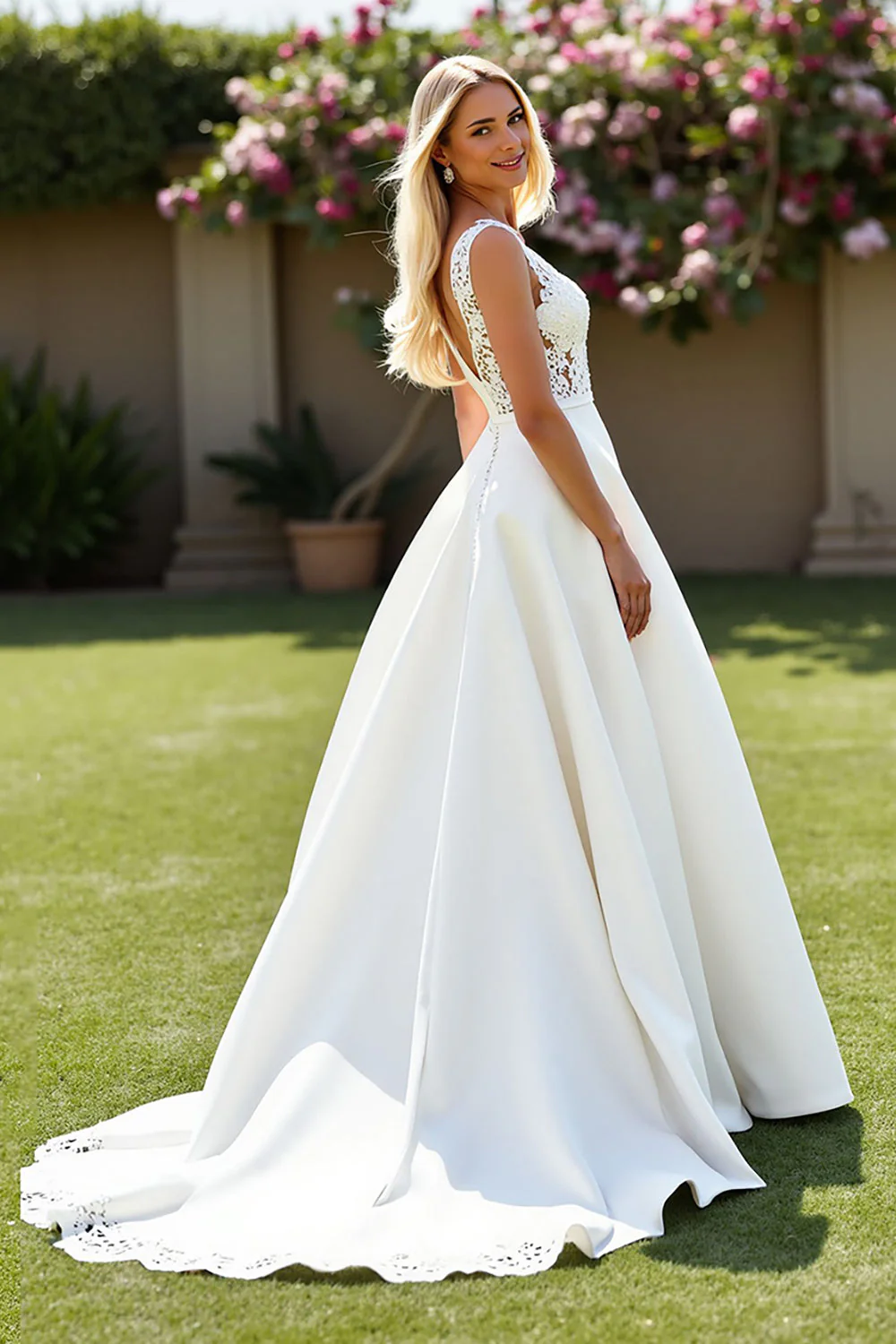 A Line V Neck Ivory Satin Long Wedding Dress - Image 2
