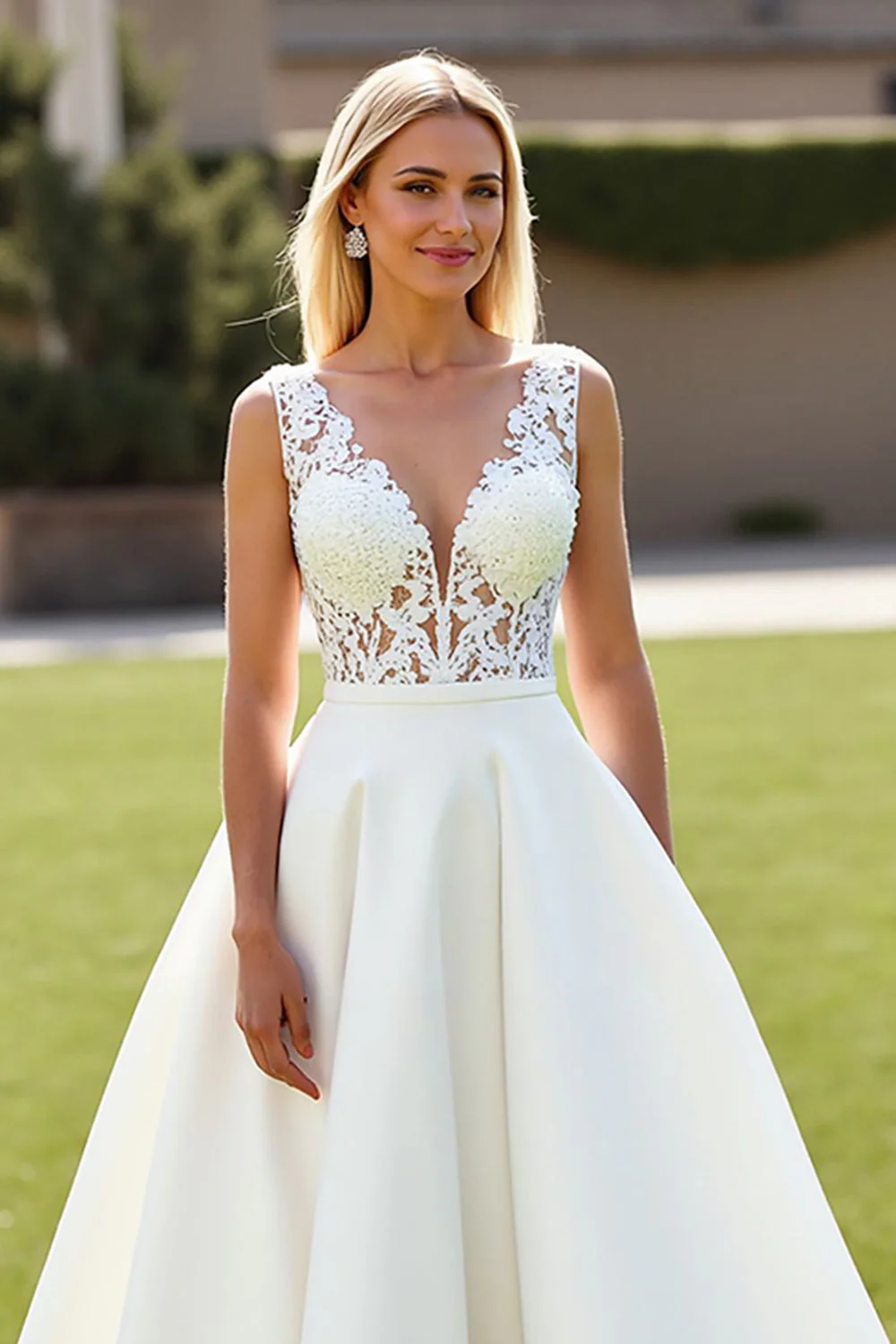 A Line V Neck Ivory Satin Long Wedding Dress - Image 3