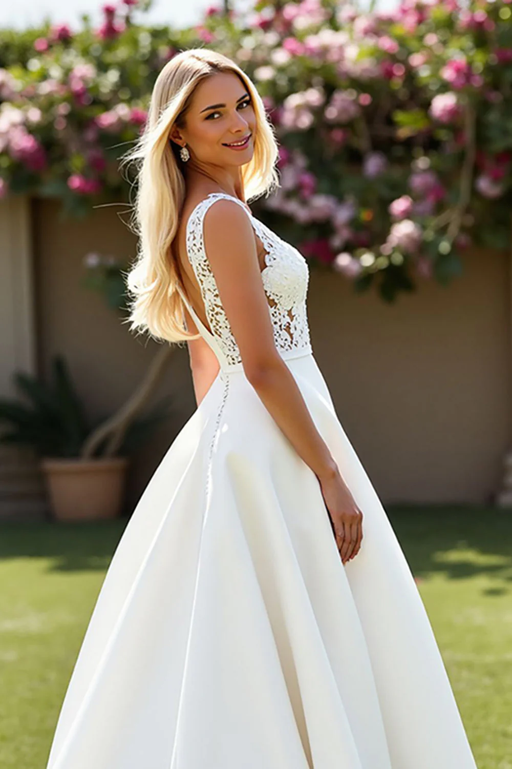 A Line V Neck Ivory Satin Long Wedding Dress - Image 4