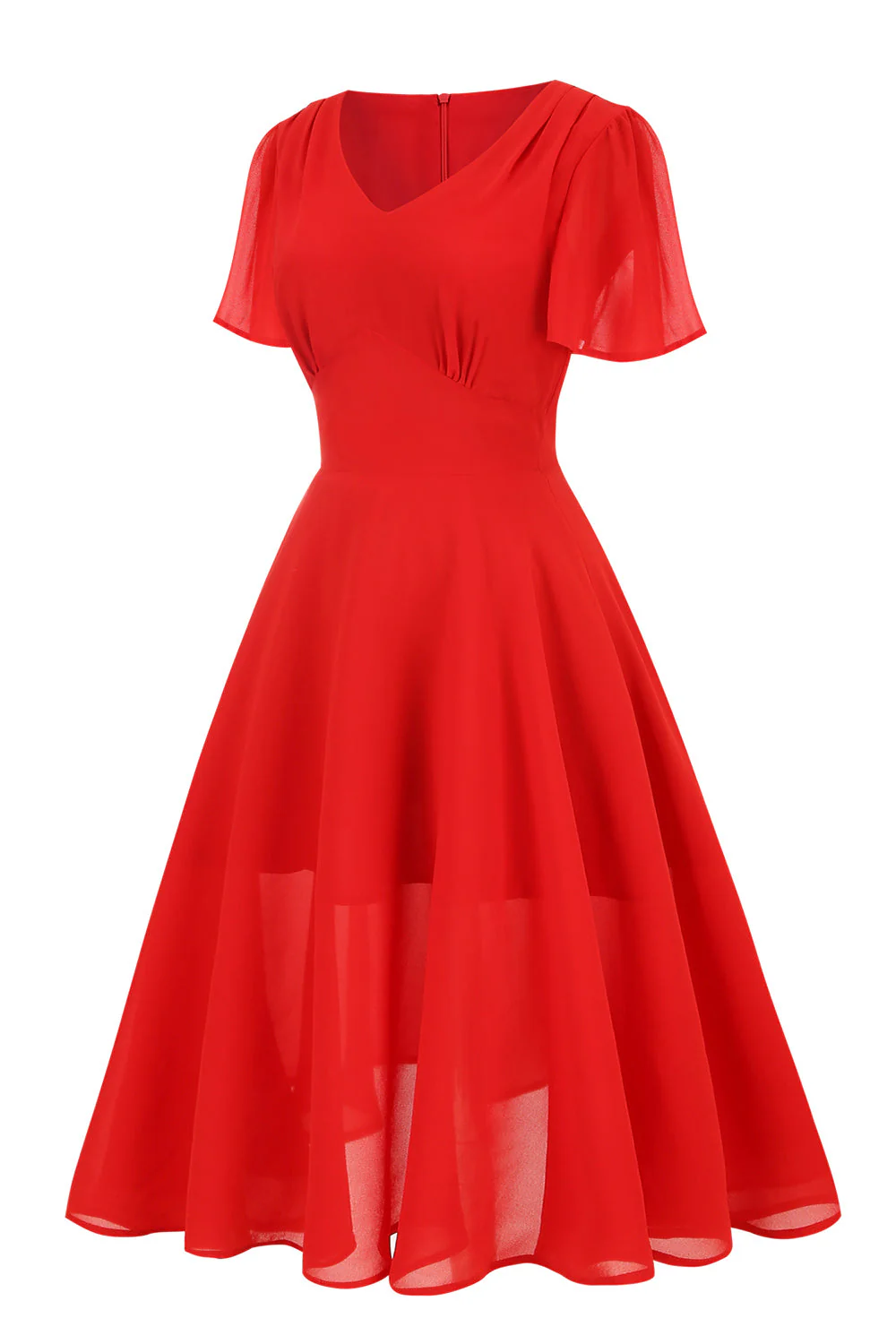 A Line V Neck Red Vintage Dress with Short Sleeves - Image 3