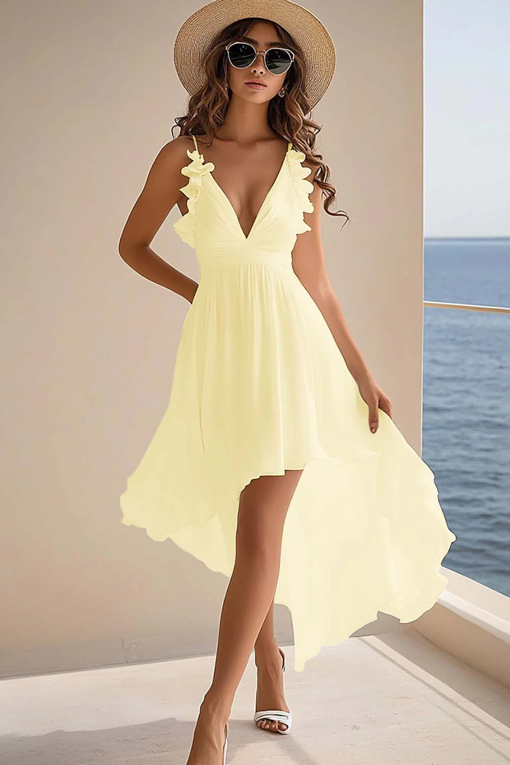 A Line V Neck Ruffled Chiffon Graduation Dress - Image 4