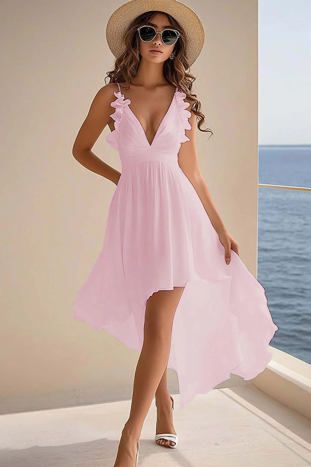 A Line V Neck Ruffled Chiffon Graduation Dress - Image 7