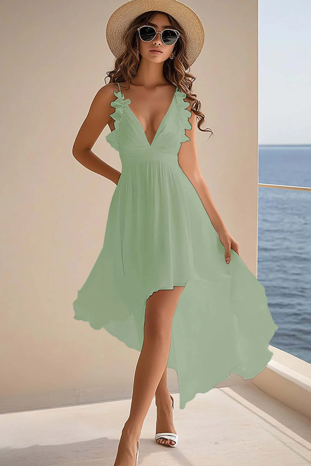 A Line V Neck Ruffled Chiffon Graduation Dress - Image 8