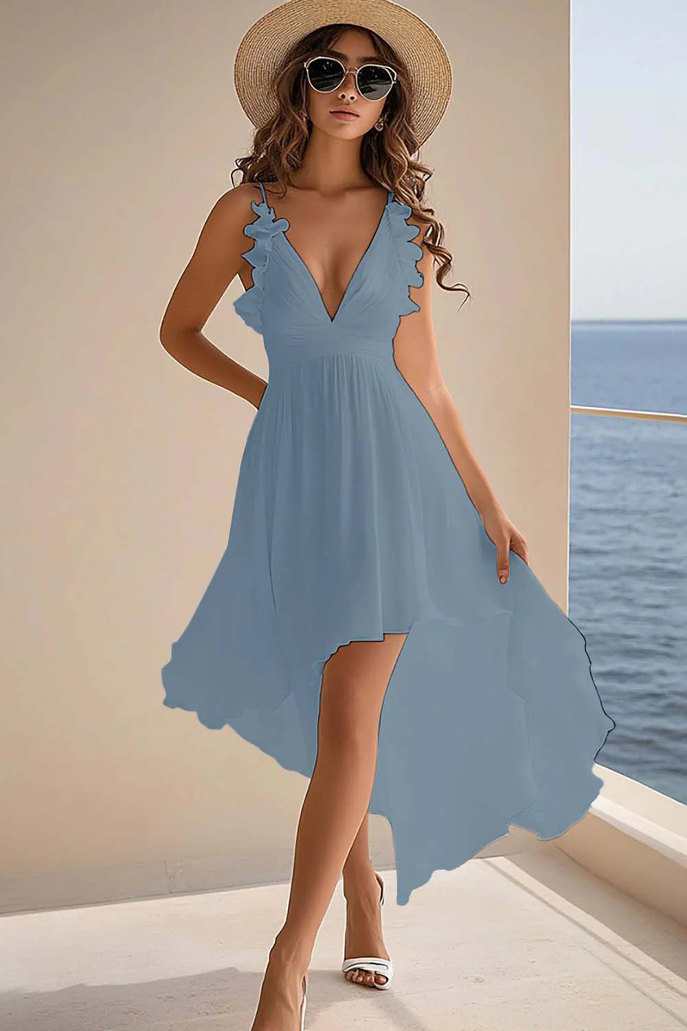 A Line V Neck Ruffled Chiffon Graduation Dress - Image 9