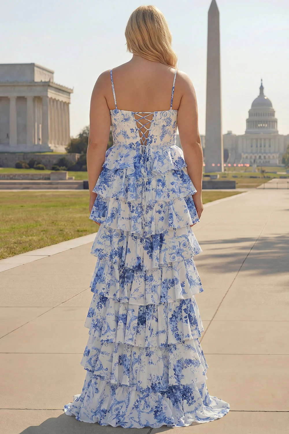 A Line White Blue Floral Basque Waist Corset Tiered Long Plus Size Prom Dress with Slit - Image 2