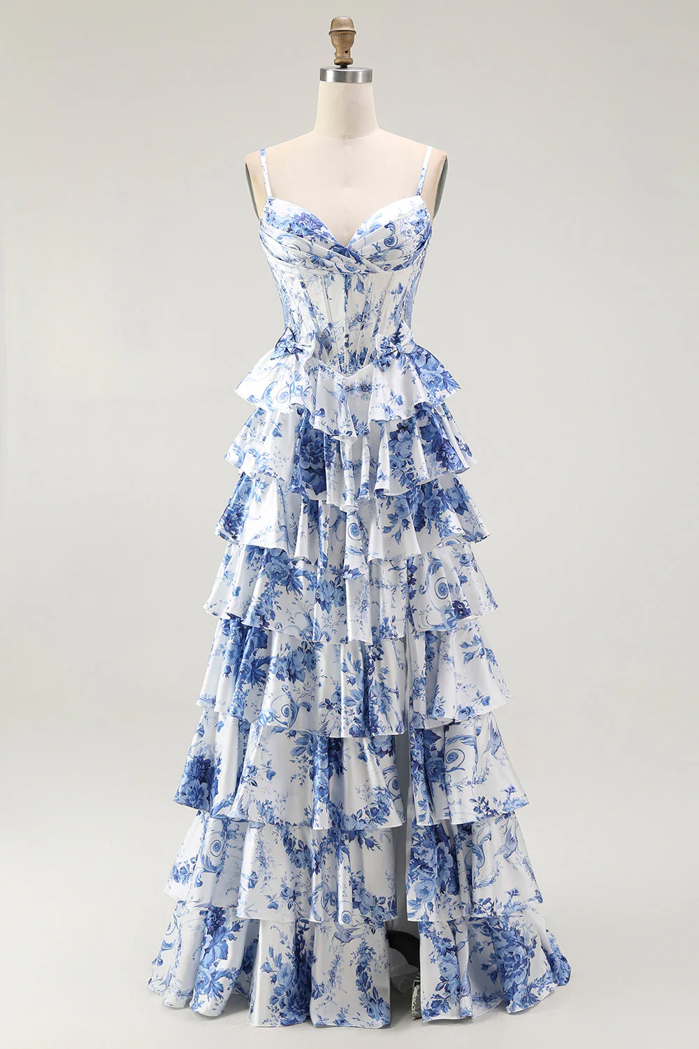 A Line White Blue Floral Basque Waist Corset Tiered Long Plus Size Prom Dress with Slit - Image 5