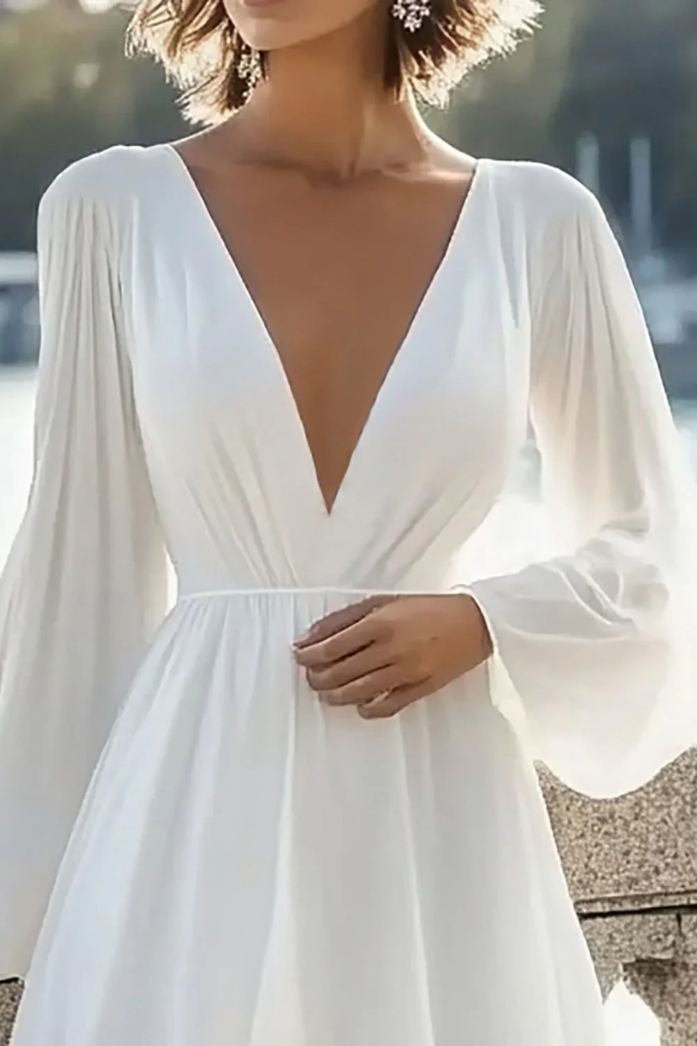 A Line White Long Sleeves Chiffon Graduation Dress - Image 2