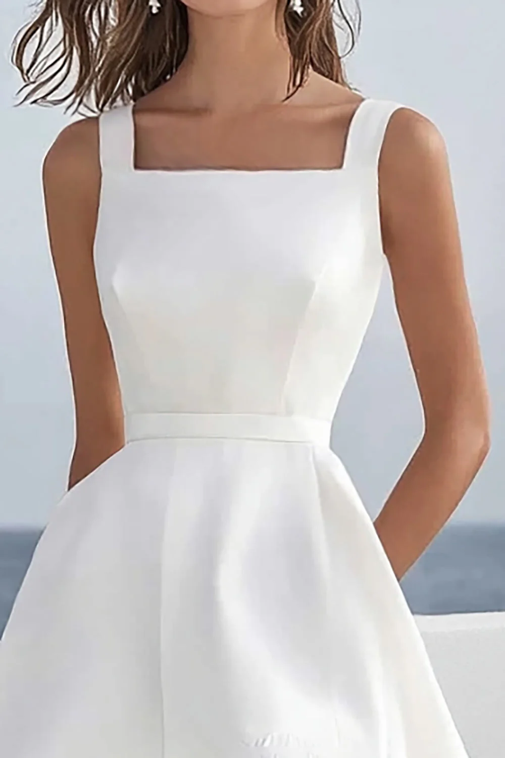 A Line White Square Neck Graduation Dress with Ruffles - Image 2