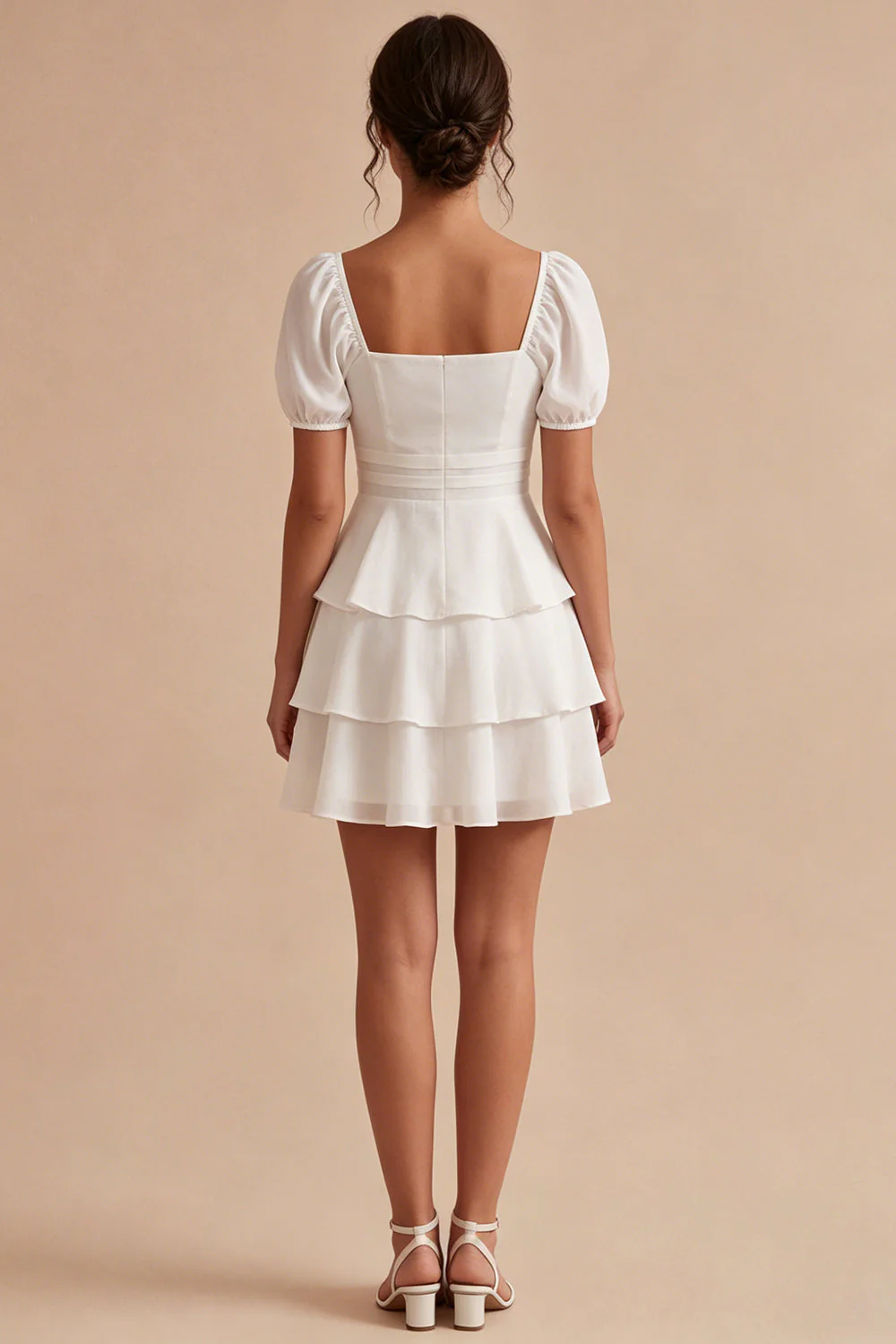 White A Line Ruffled Square Neck Graduation Dress with Puff Sleeves - Image 2