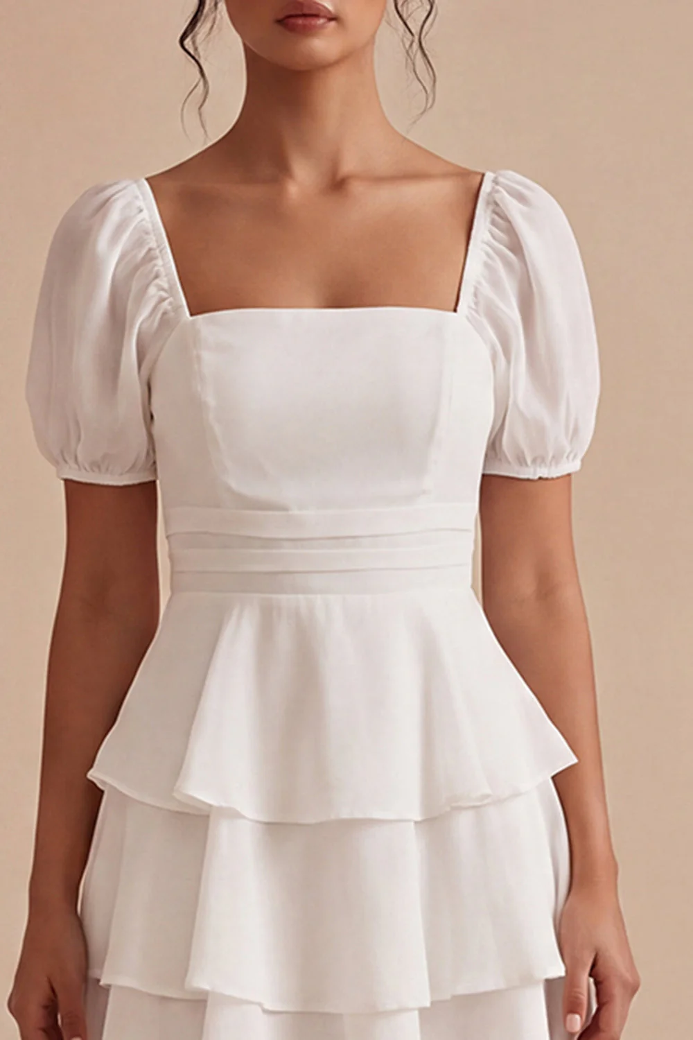 White A Line Ruffled Square Neck Graduation Dress with Puff Sleeves - Image 3