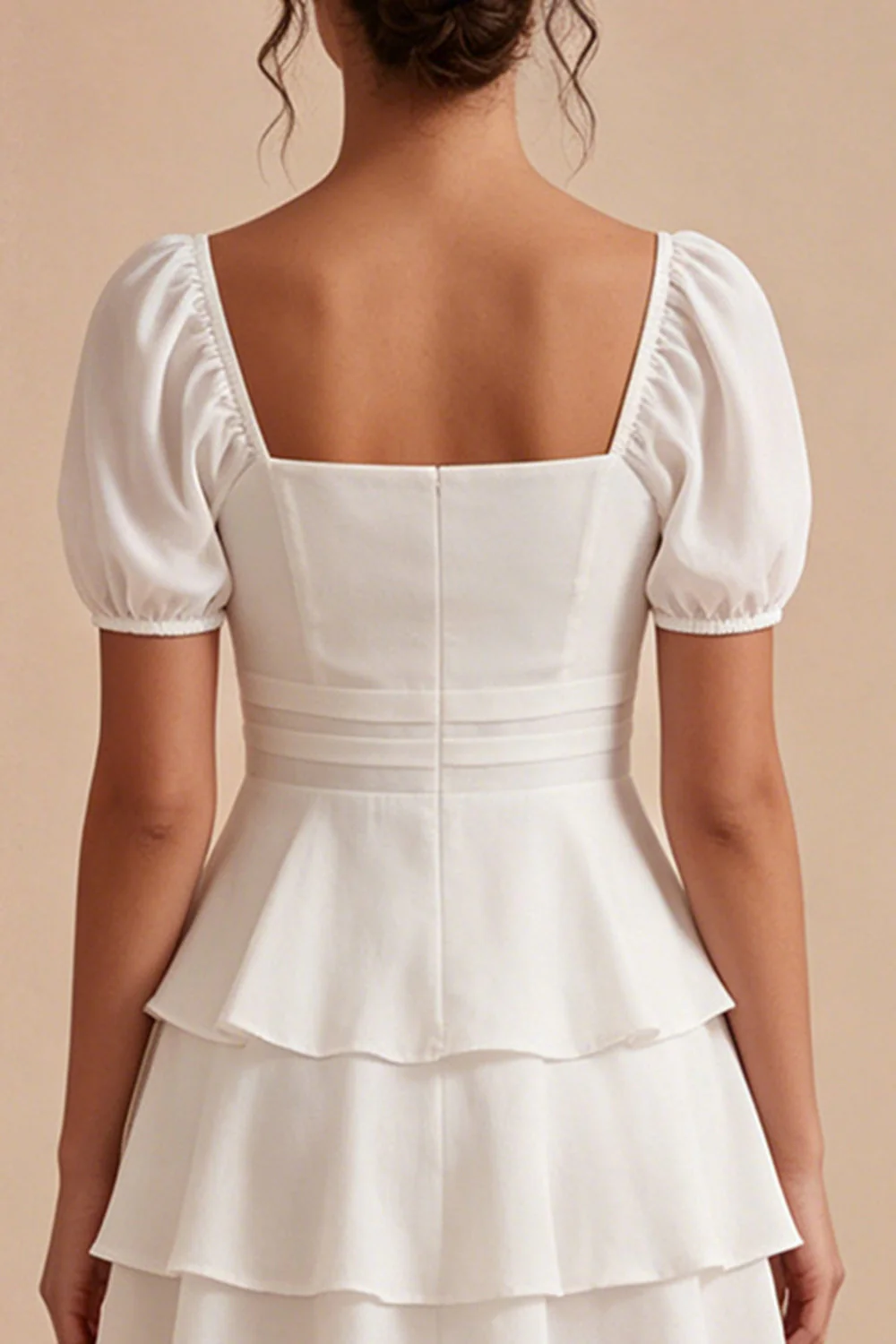 White A Line Ruffled Square Neck Graduation Dress with Puff Sleeves - Image 4