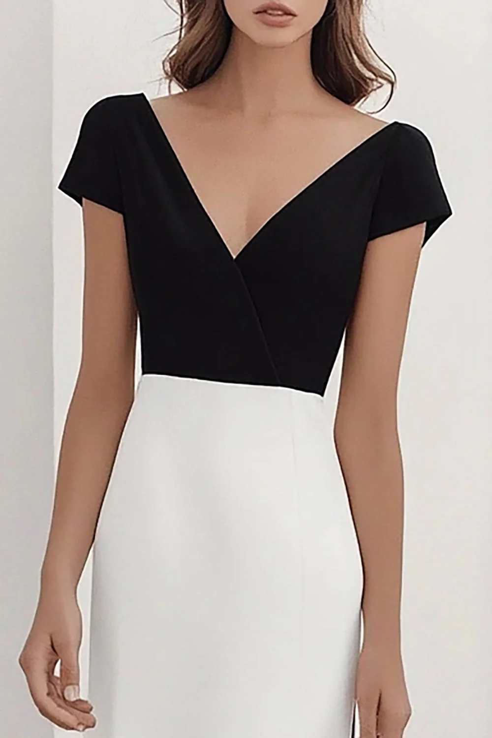 A Line White V Neck Formal Dress with Short Sleeves - Image 2