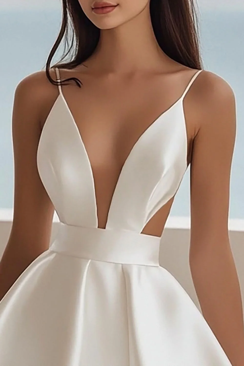 A Line White V Neck Satin Graduation Dress - Image 2
