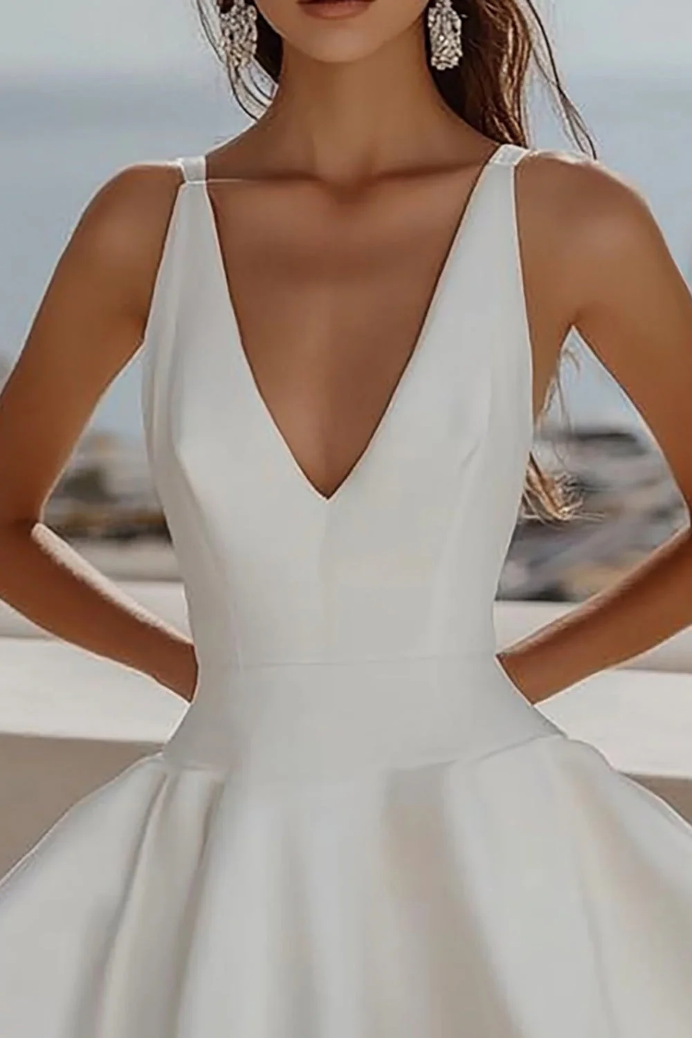 A Line White V Neck Sleeveless Graduation Dress - Image 2