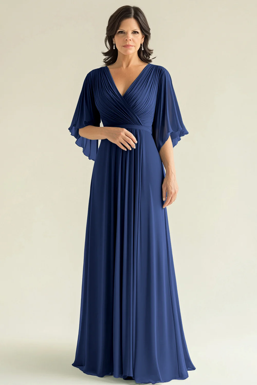 Agave Chiffon Pleated Flare Sleeves V Neck Mother of The Bride Dress - Image 10