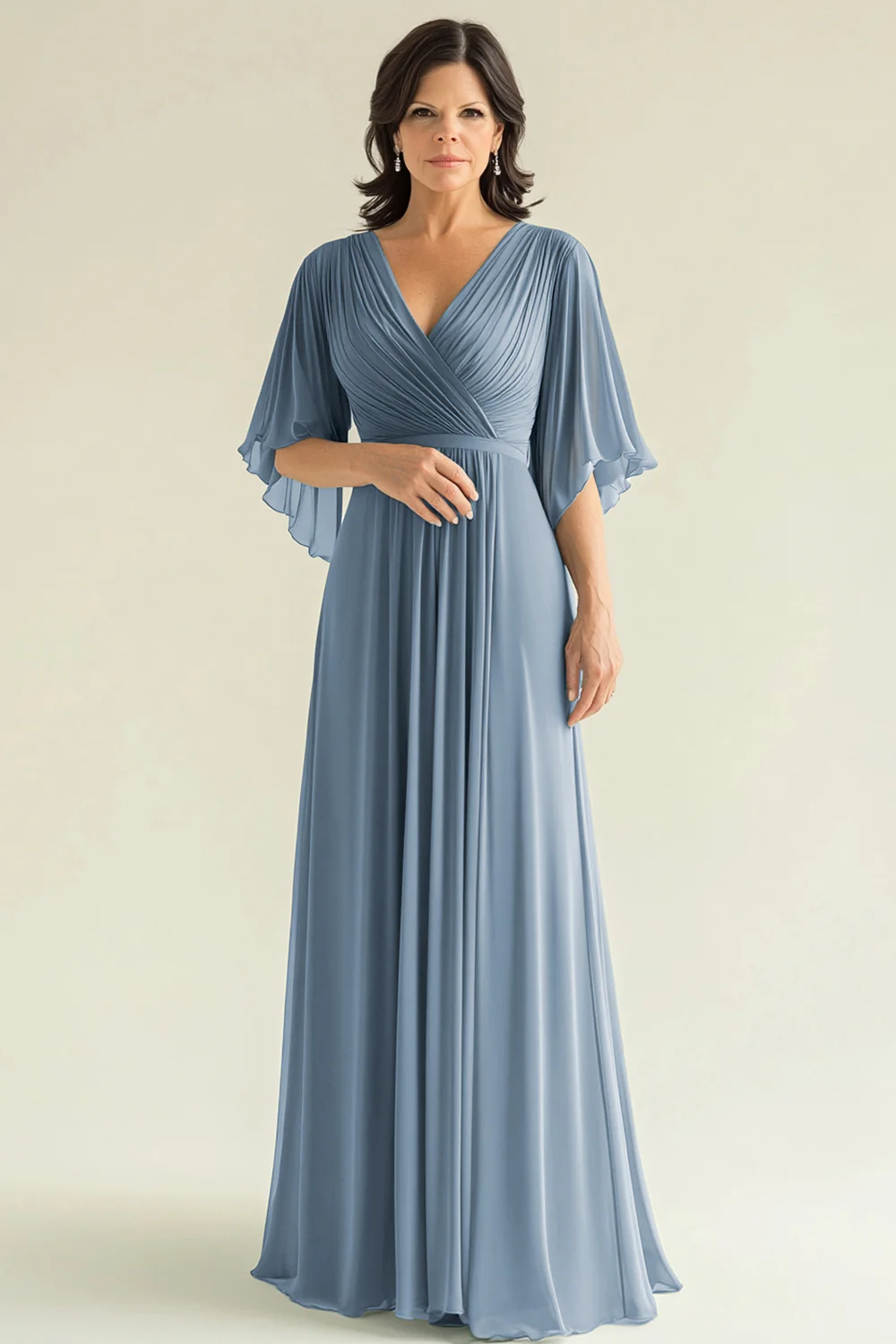 Agave Chiffon Pleated Flare Sleeves V Neck Mother of The Bride Dress - Image 11