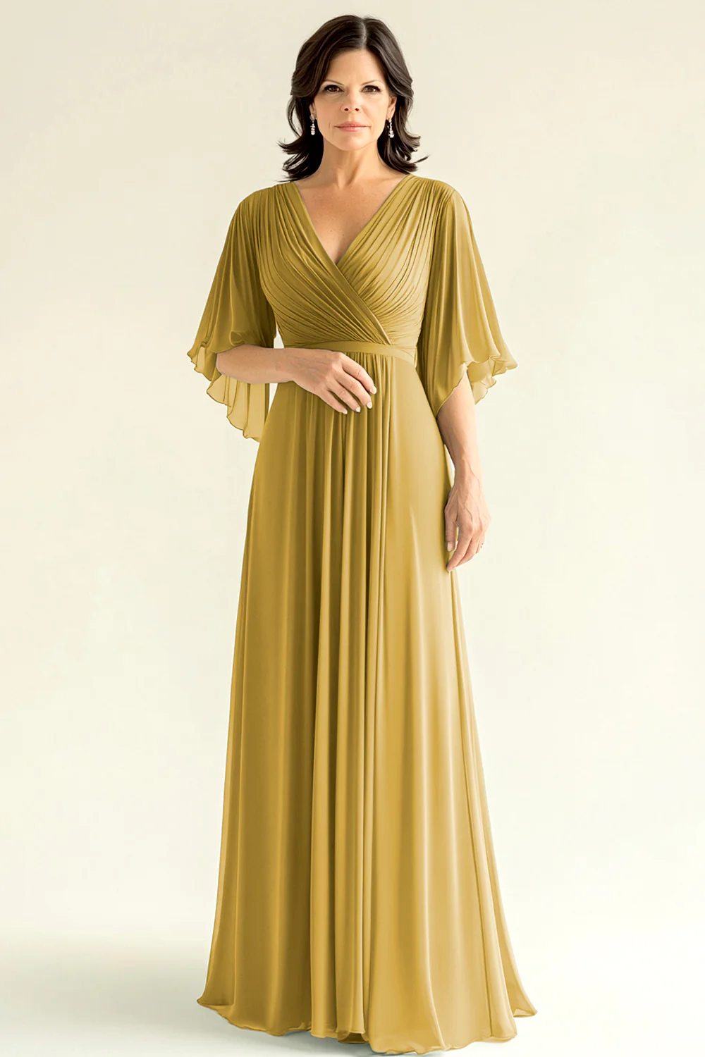 Agave Chiffon Pleated Flare Sleeves V Neck Mother of The Bride Dress - Image 12