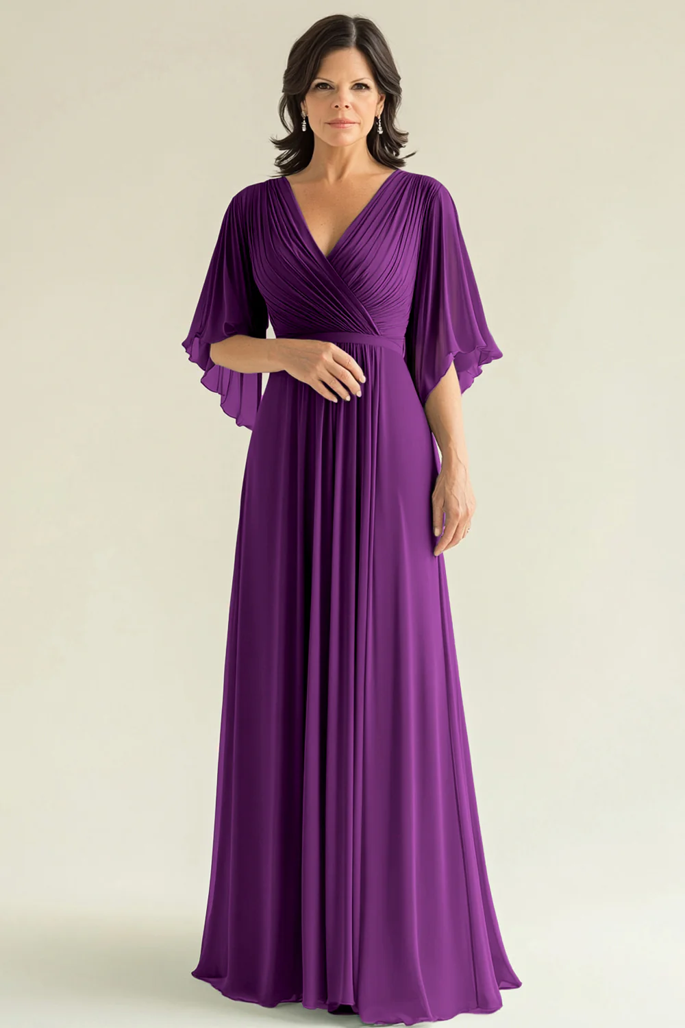 Agave Chiffon Pleated Flare Sleeves V Neck Mother of The Bride Dress - Image 13