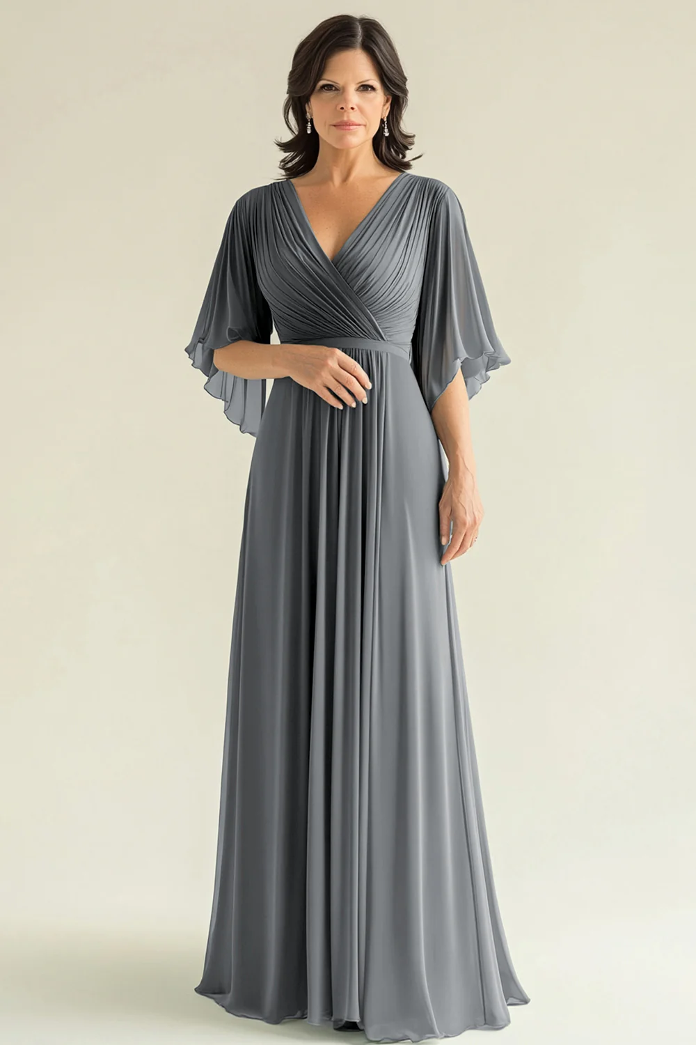 Agave Chiffon Pleated Flare Sleeves V Neck Mother of The Bride Dress - Image 14