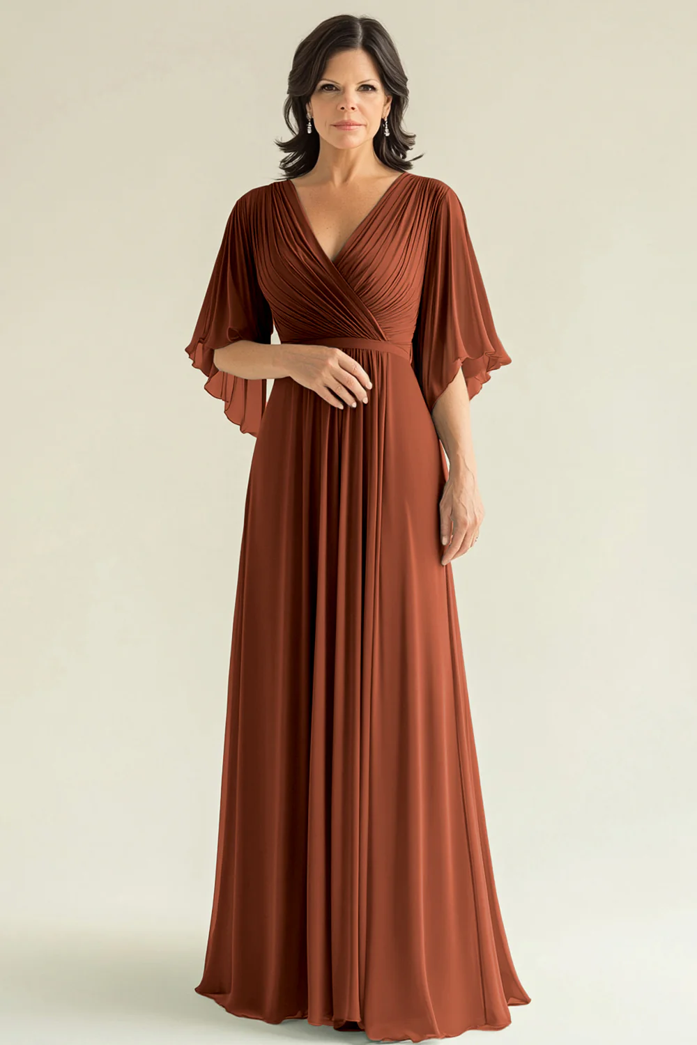 Agave Chiffon Pleated Flare Sleeves V Neck Mother of The Bride Dress - Image 15