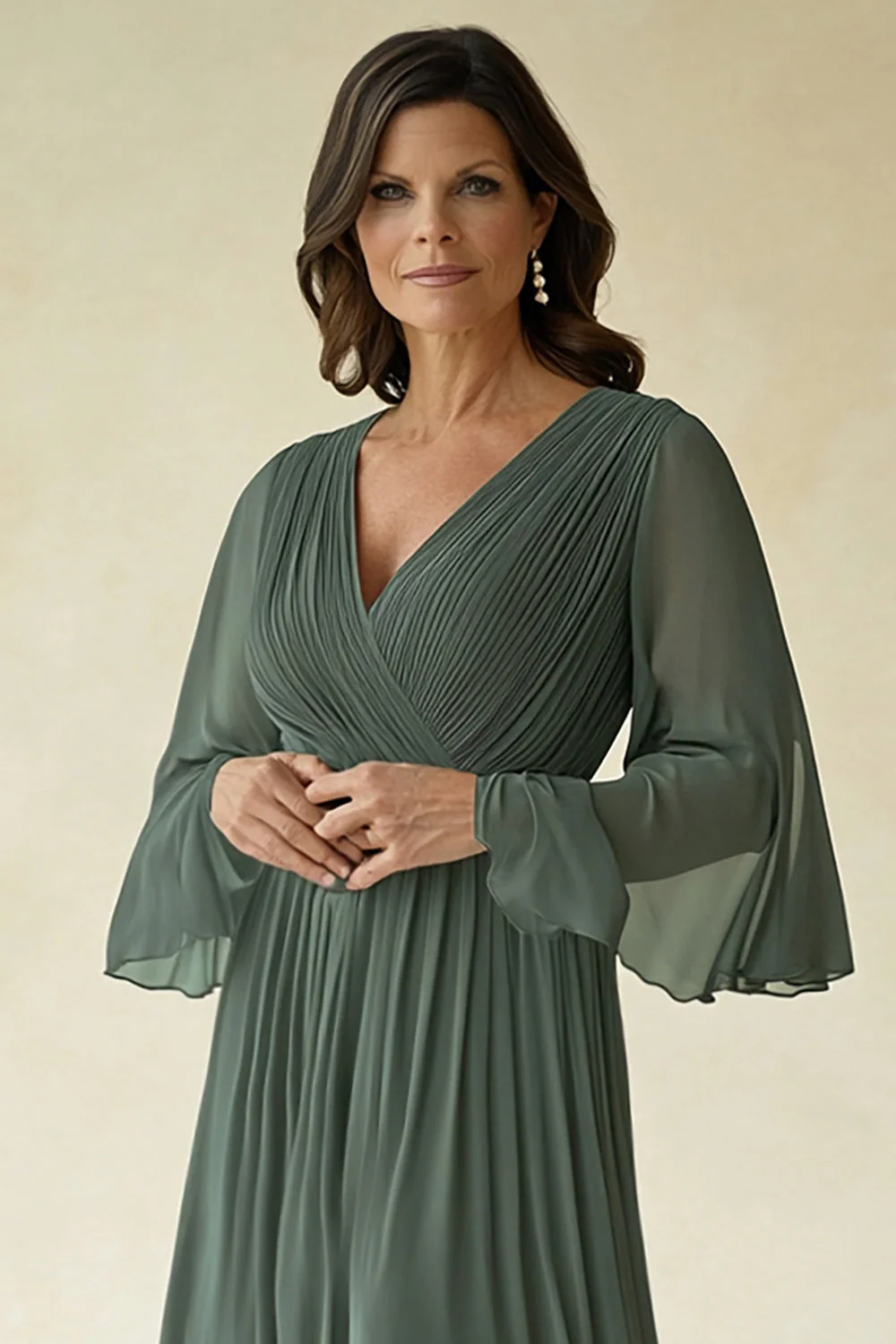 Agave Chiffon Pleated Flare Sleeves V Neck Mother of The Bride Dress - Image 5