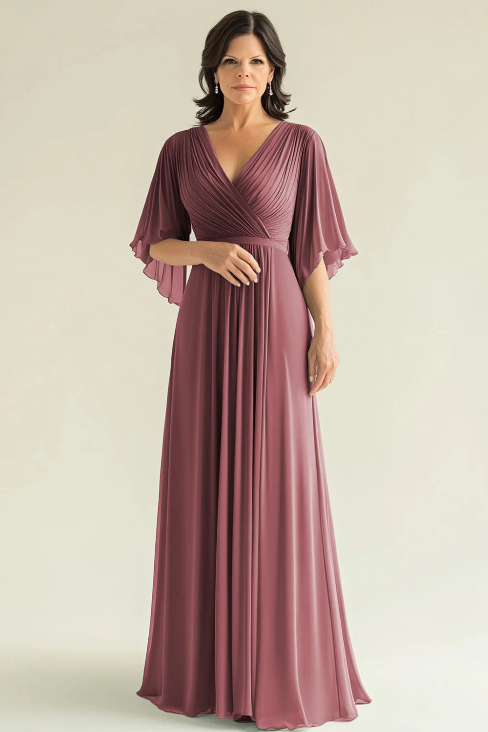 Agave Chiffon Pleated Flare Sleeves V Neck Mother of The Bride Dress - Image 6