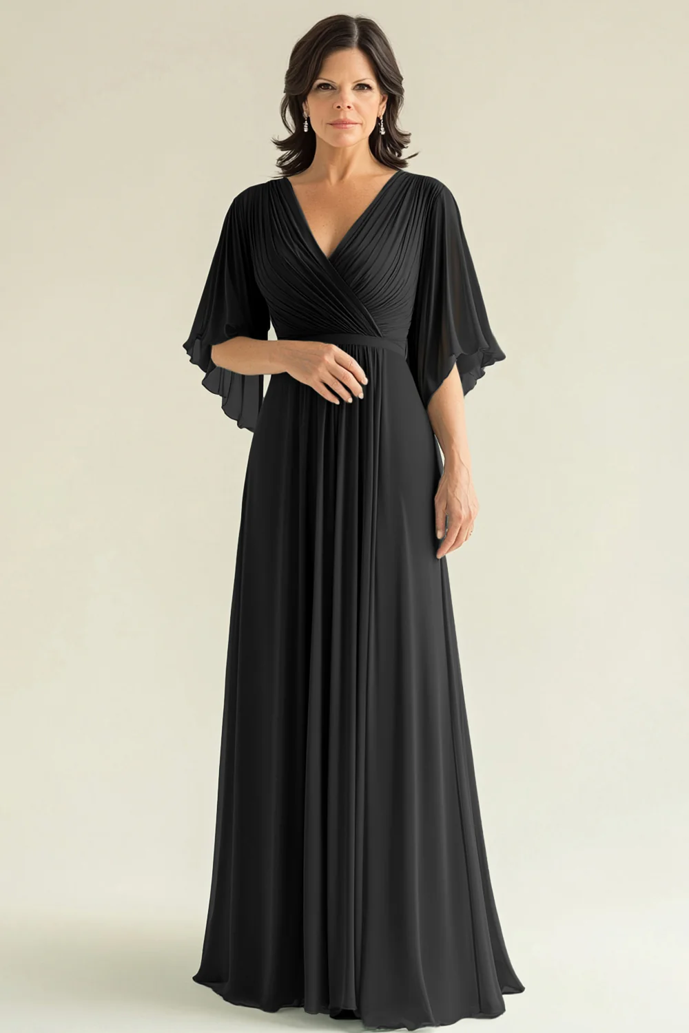 Agave Chiffon Pleated Flare Sleeves V Neck Mother of The Bride Dress - Image 7
