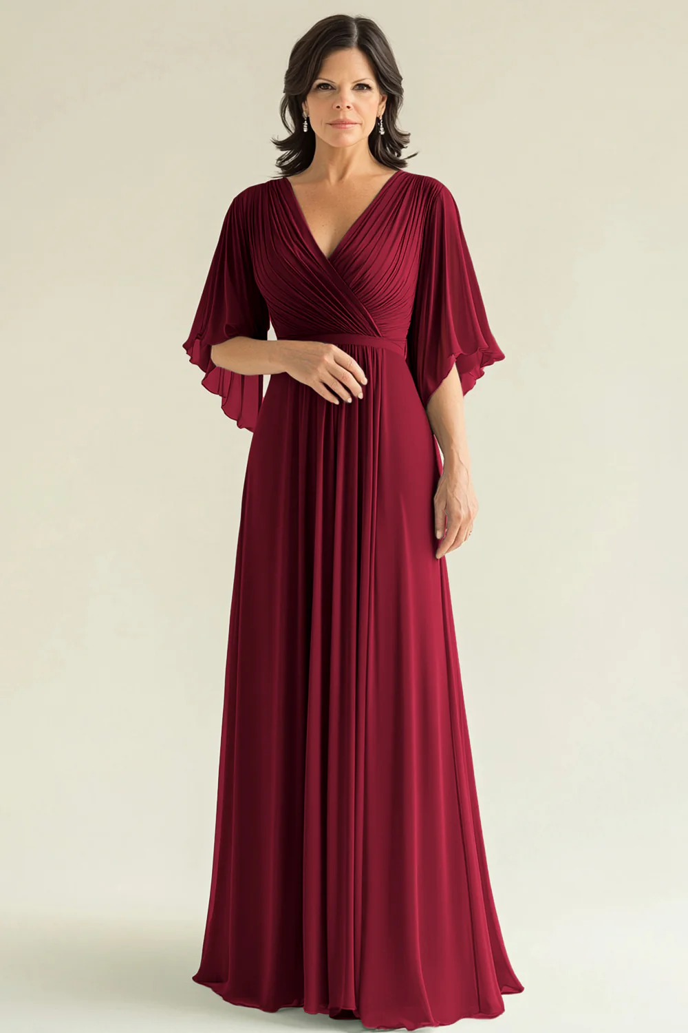 Agave Chiffon Pleated Flare Sleeves V Neck Mother of The Bride Dress - Image 8