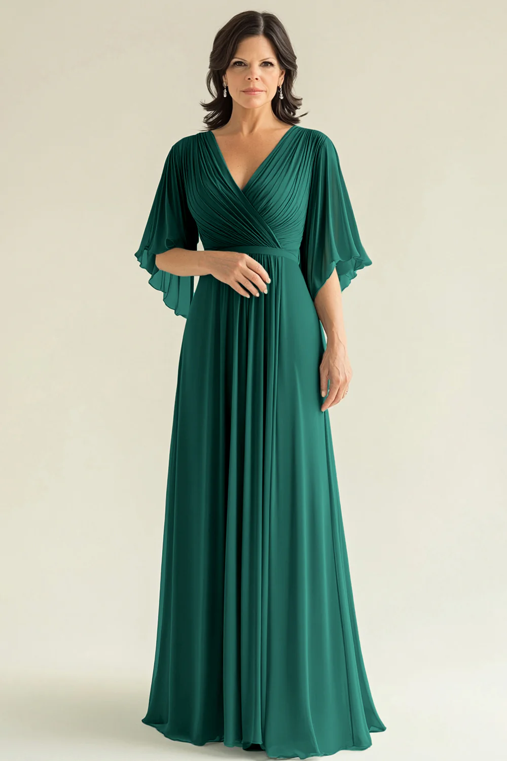 Agave Chiffon Pleated Flare Sleeves V Neck Mother of The Bride Dress - Image 9