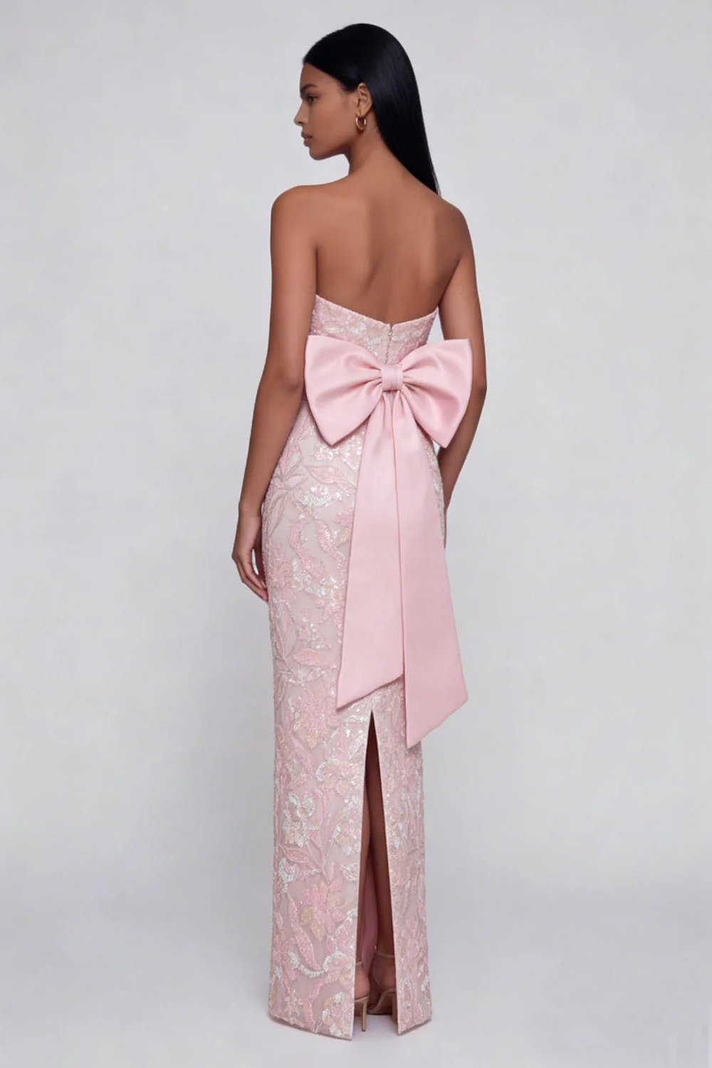 Appliqued Bowknot Pink Strapless Sheath Midi Dress with Back Slit - Image 2