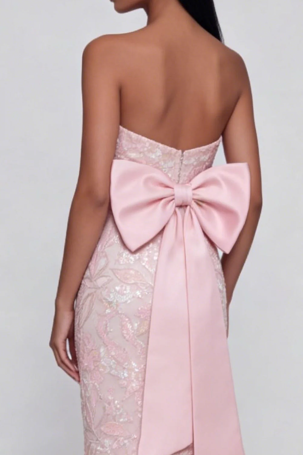 Appliqued Bowknot Pink Strapless Sheath Midi Dress with Back Slit - Image 4