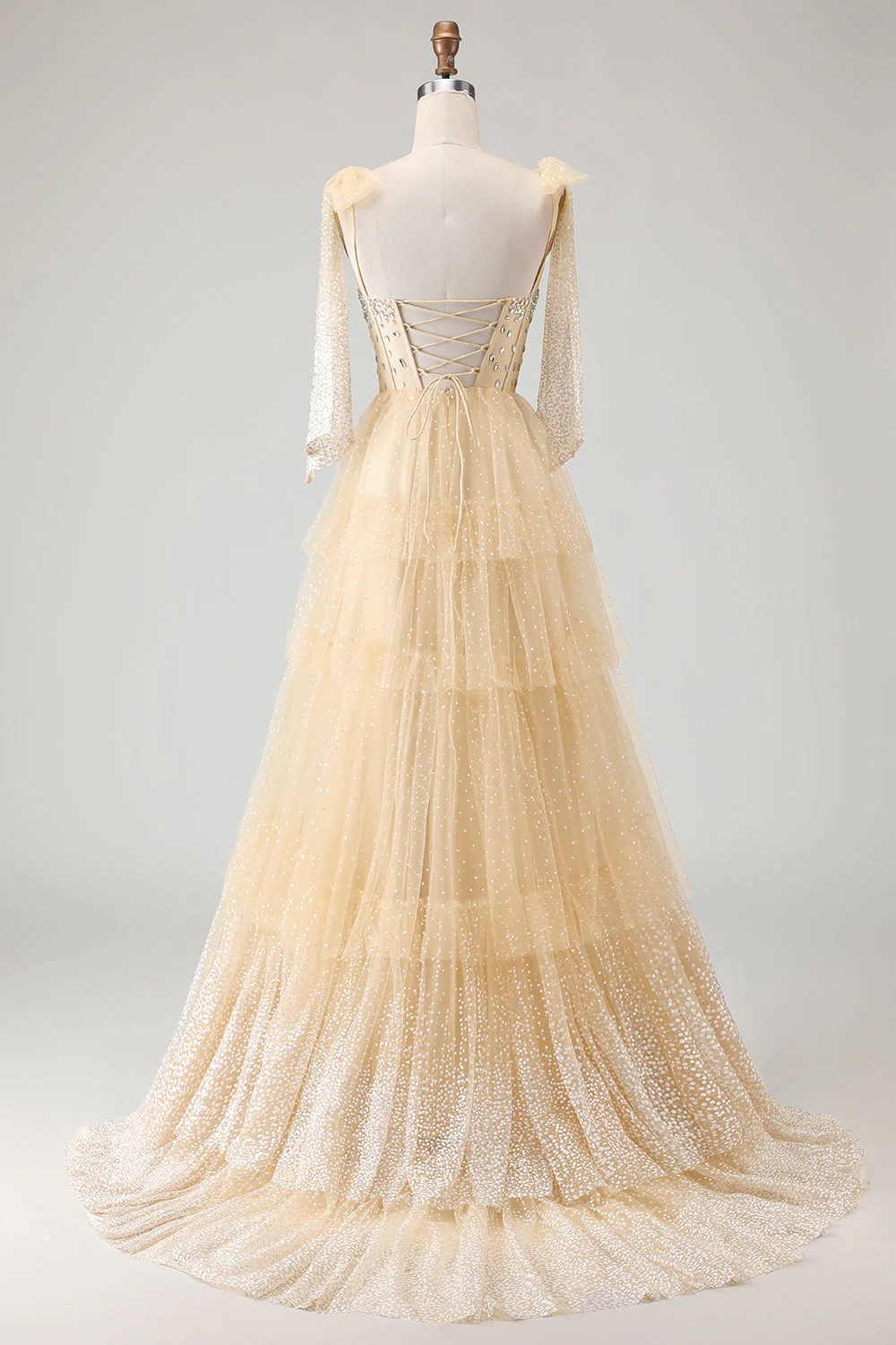 Apricot A Line Beaded Corset Ruffled Polka Dots Long Prom Dress with Lace Up Back - Image 2