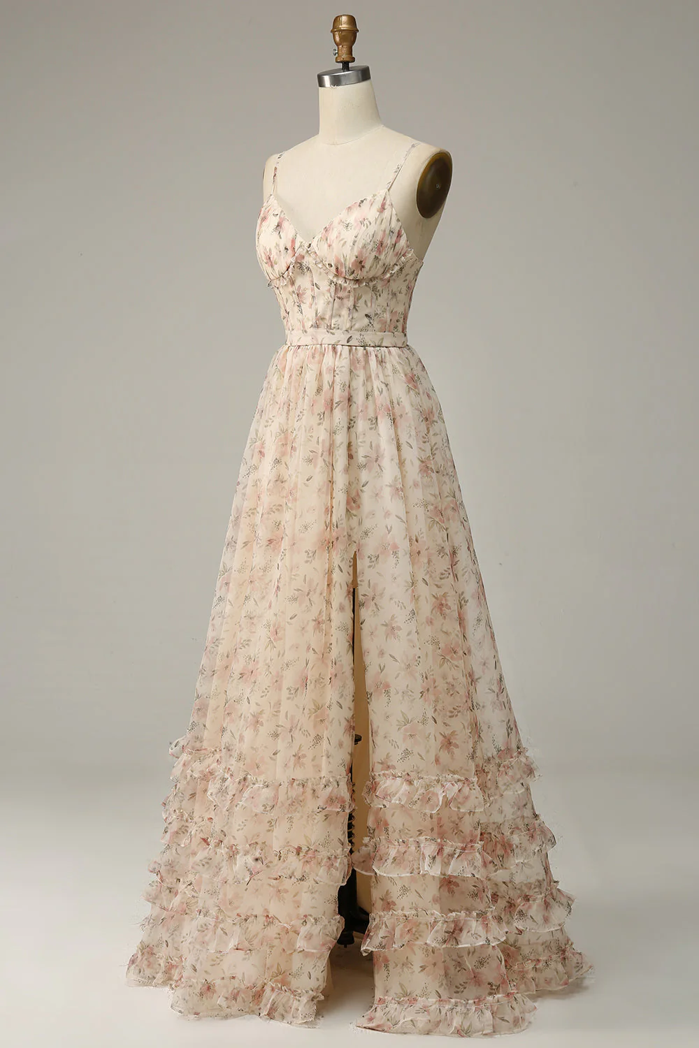 Apricot A Line Print Prom Dress with Slit - Image 3