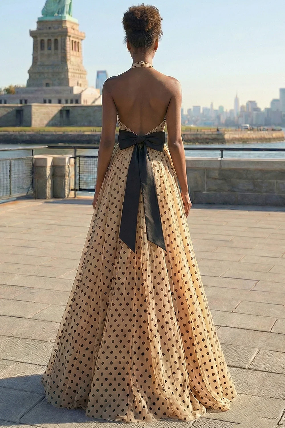 Apricot Black Polka Dots A Line Halter Bowed Long Prom Dress with Slit - Image 2