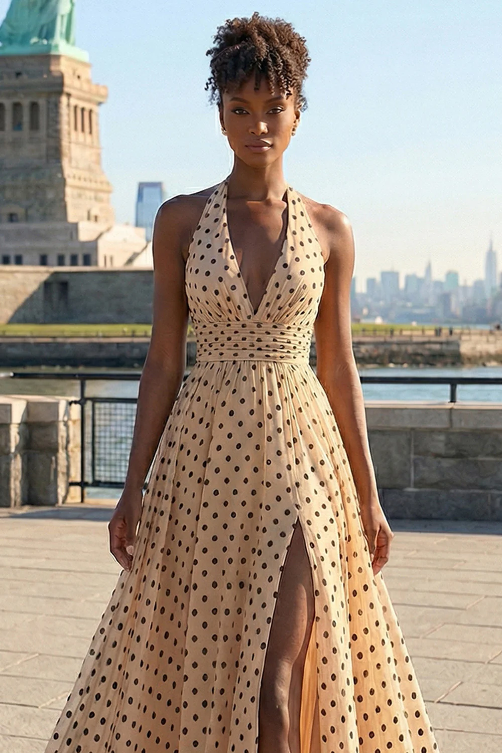 Apricot Black Polka Dots A Line Halter Bowed Long Prom Dress with Slit - Image 3