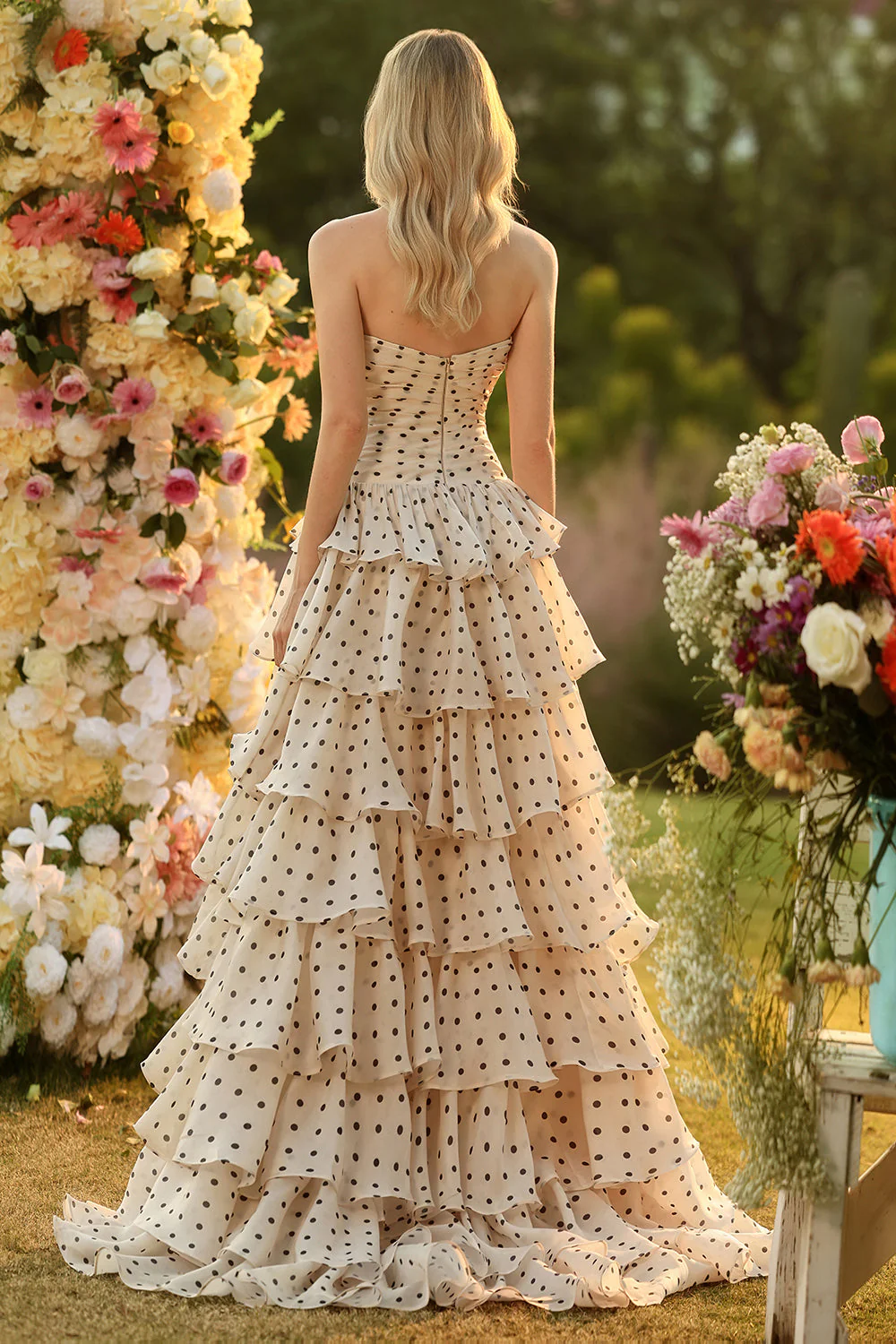 Apricot Black Polka Dots A Line Strapless Tiered Ruffle Cut Out Long Prom Dress with Slit - Image 2