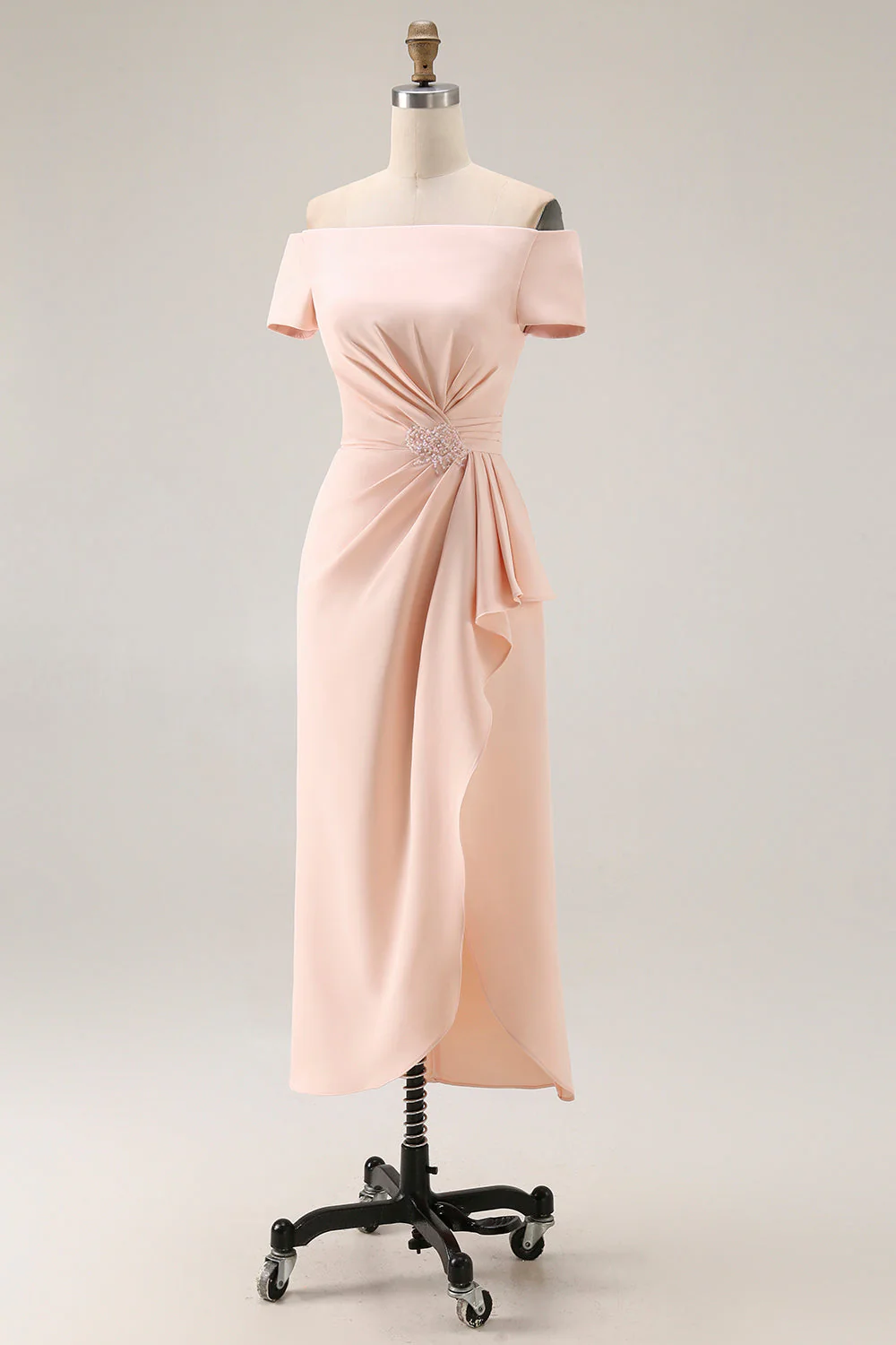 Apricot Off The Shoulder Ruched Sheath Mother Of The Bride Dress with Ruffle Slit - Image 4