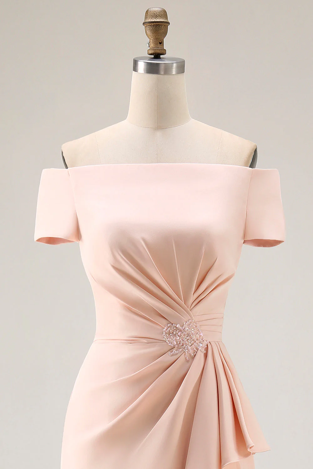 Apricot Off The Shoulder Ruched Sheath Mother Of The Bride Dress with Ruffle Slit - Image 5