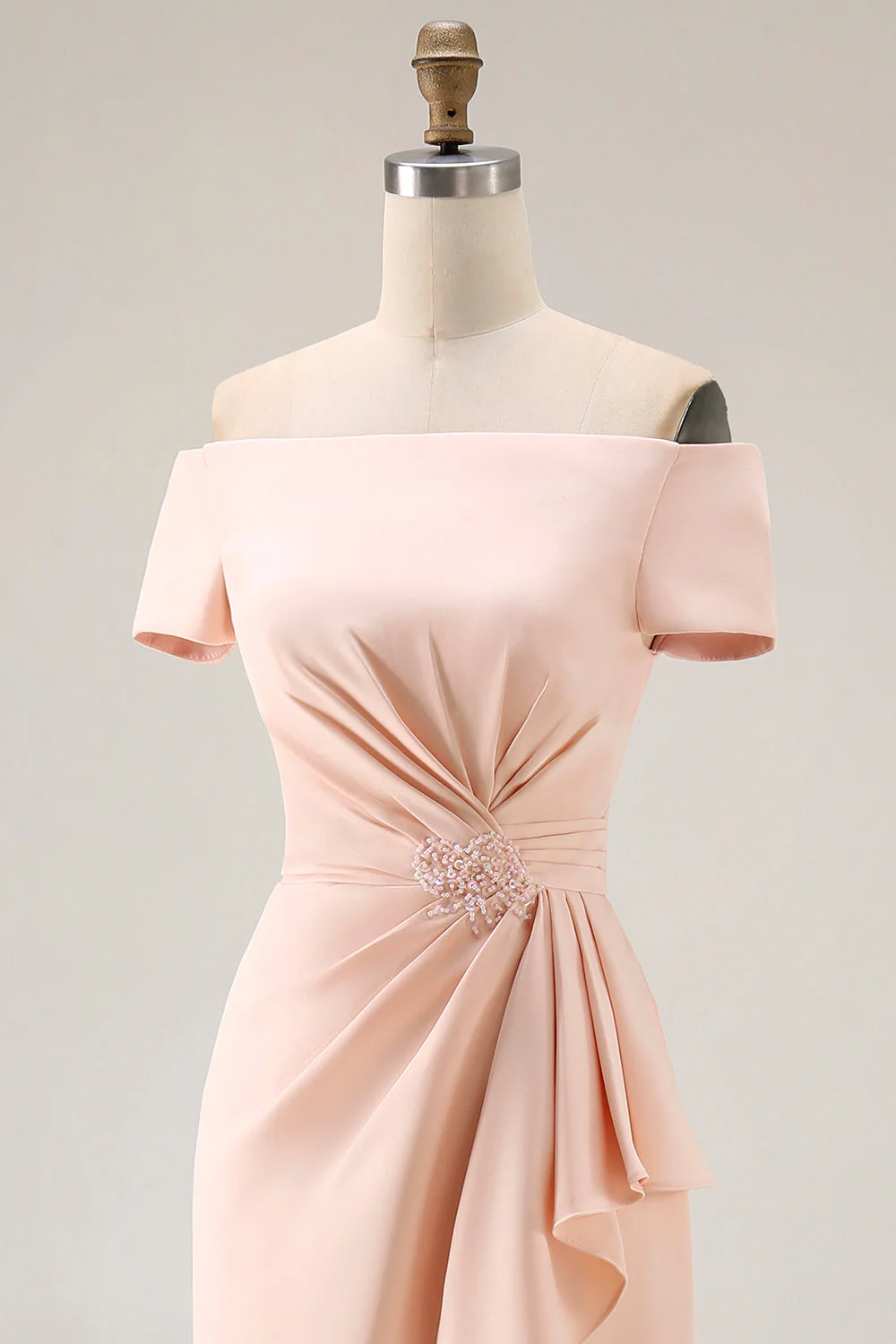 Apricot Off The Shoulder Ruched Sheath Mother Of The Bride Dress with Ruffle Slit - Image 6