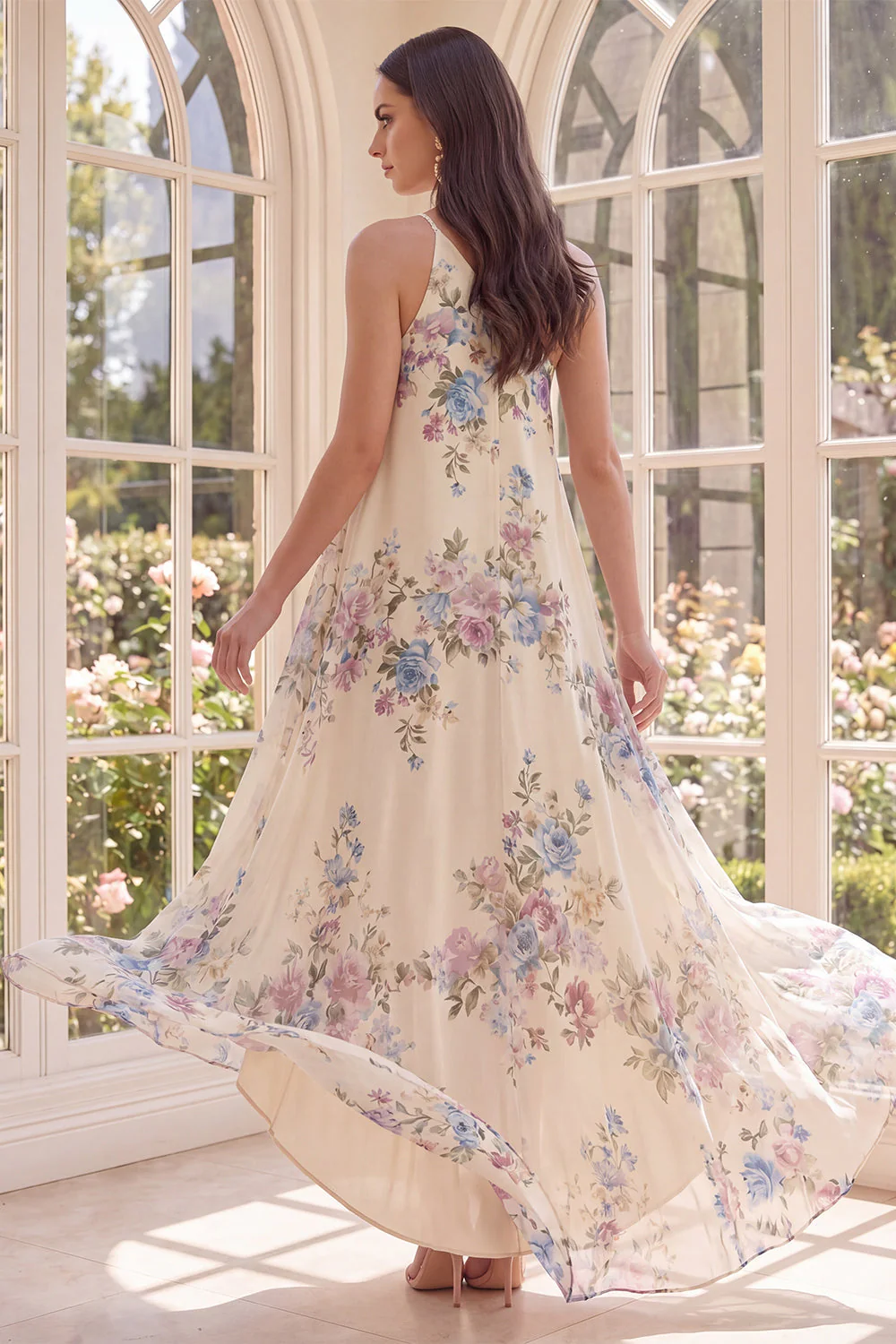 Apricot One Shoulder A Line Printed High Low Floral Dress - Image 2