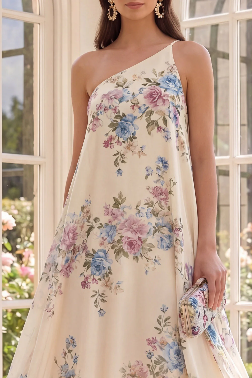 Apricot One Shoulder A Line Printed High Low Floral Dress - Image 3