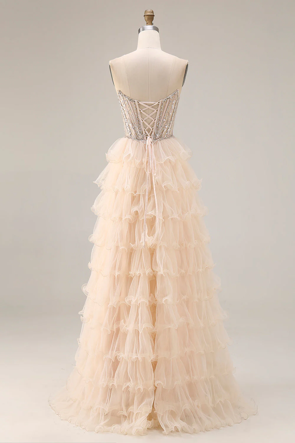 Apricot Strapless A-Line Tiered Sequins Beaded Long Prom Dress with Slit - Image 2