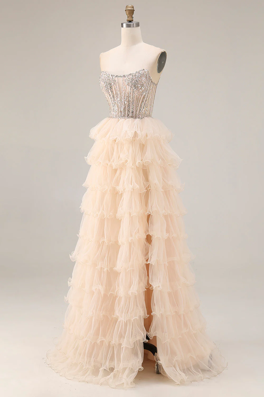Apricot Strapless A-Line Tiered Sequins Beaded Long Prom Dress with Slit - Image 3