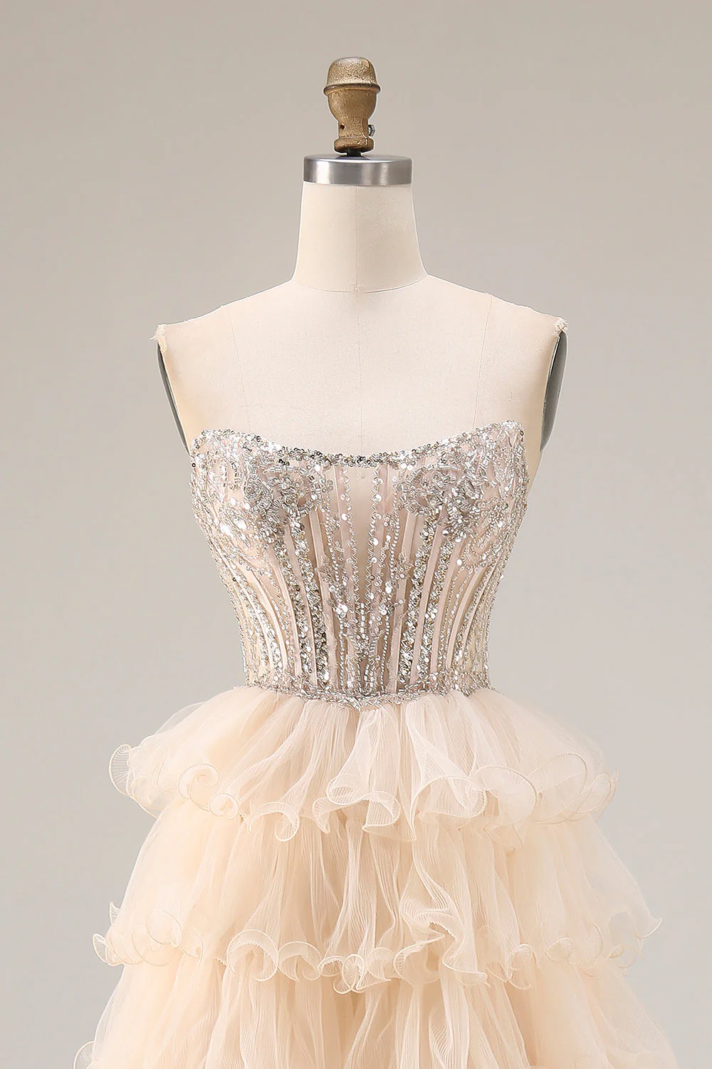 Apricot Strapless A-Line Tiered Sequins Beaded Long Prom Dress with Slit - Image 4