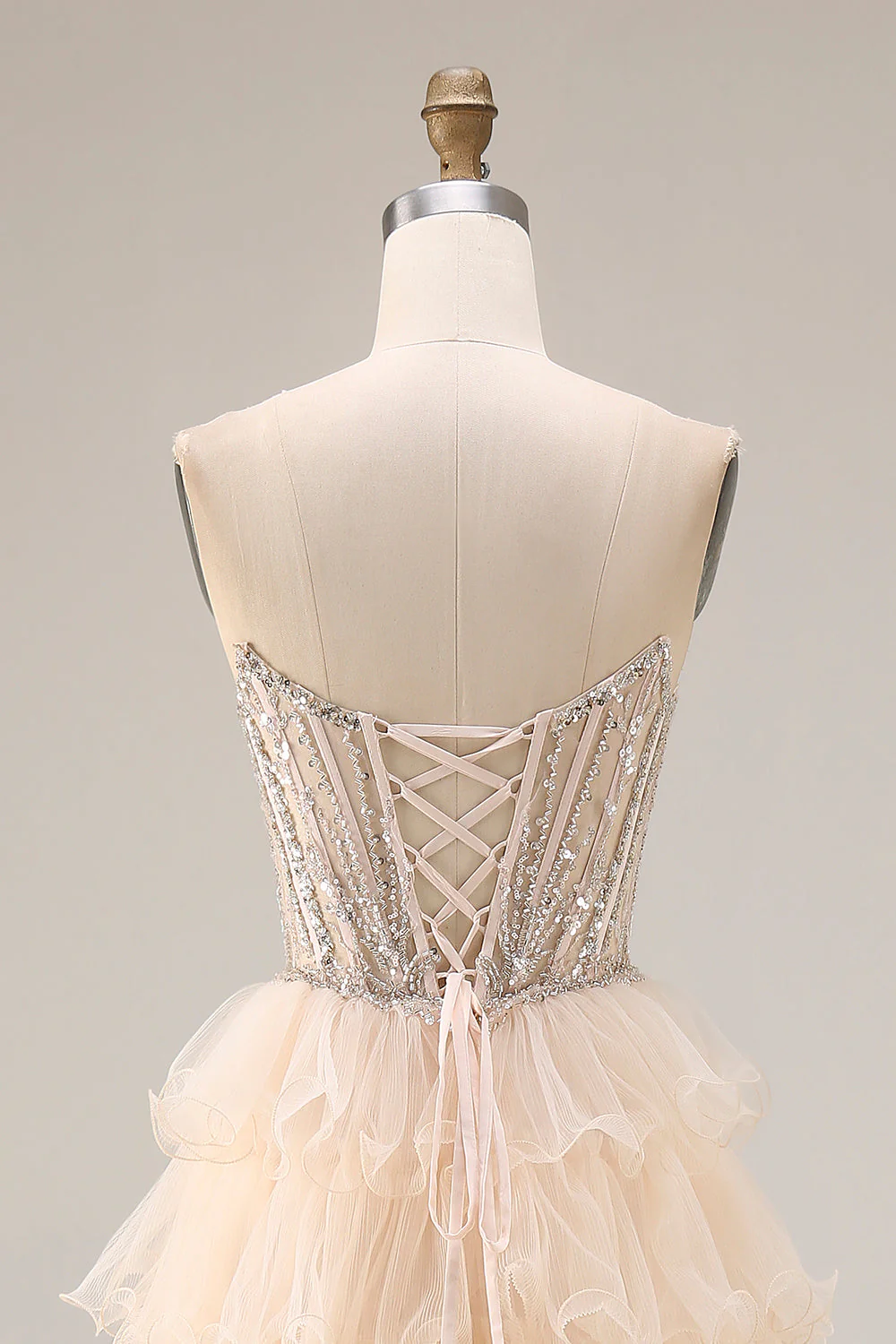 Apricot Strapless A-Line Tiered Sequins Beaded Long Prom Dress with Slit - Image 5